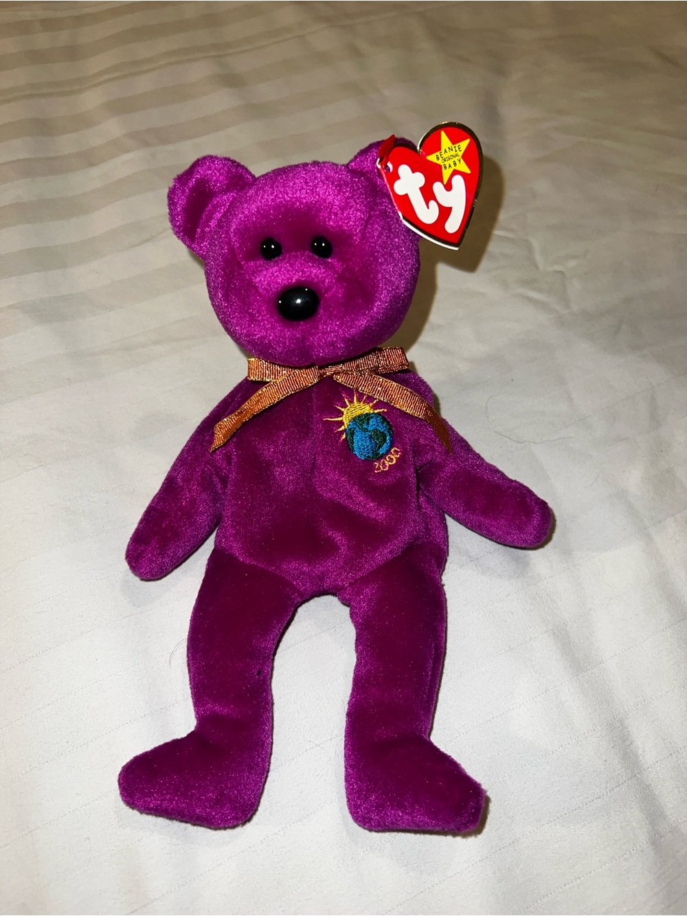 Ty Purple Millennium Bear with Gold Ribbon and Embroidered Globe